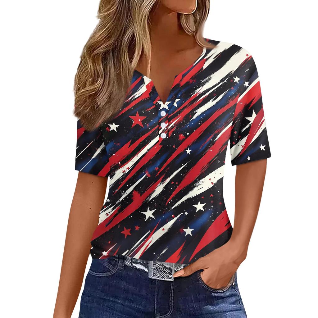 Damska koszulka z nadrukiem na Dzień Niepodległości, z krótkim rękawem, z guzikami, na co dzień, na weekend, w modnym, prostym kroju, z dekoltem w serek, regularna