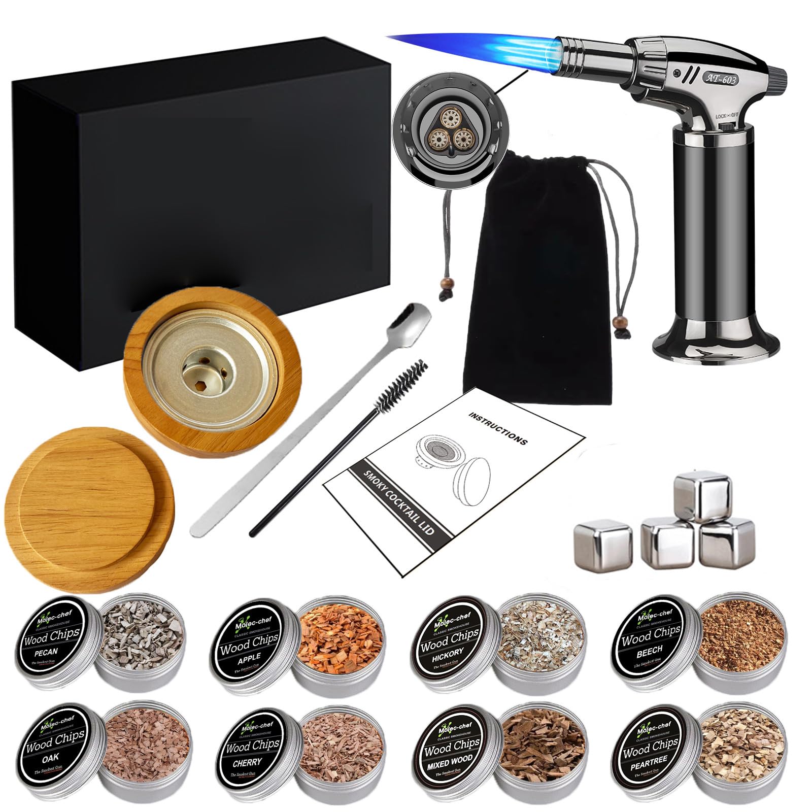 

Cocktail Smoker Set with Torch, 8 Types of Wood Chips, 4 Ice Cue Torches, Whiskey Smoker Kit, Smoke Maker, Gift for Men, Birthday, Father s Day, Retir
