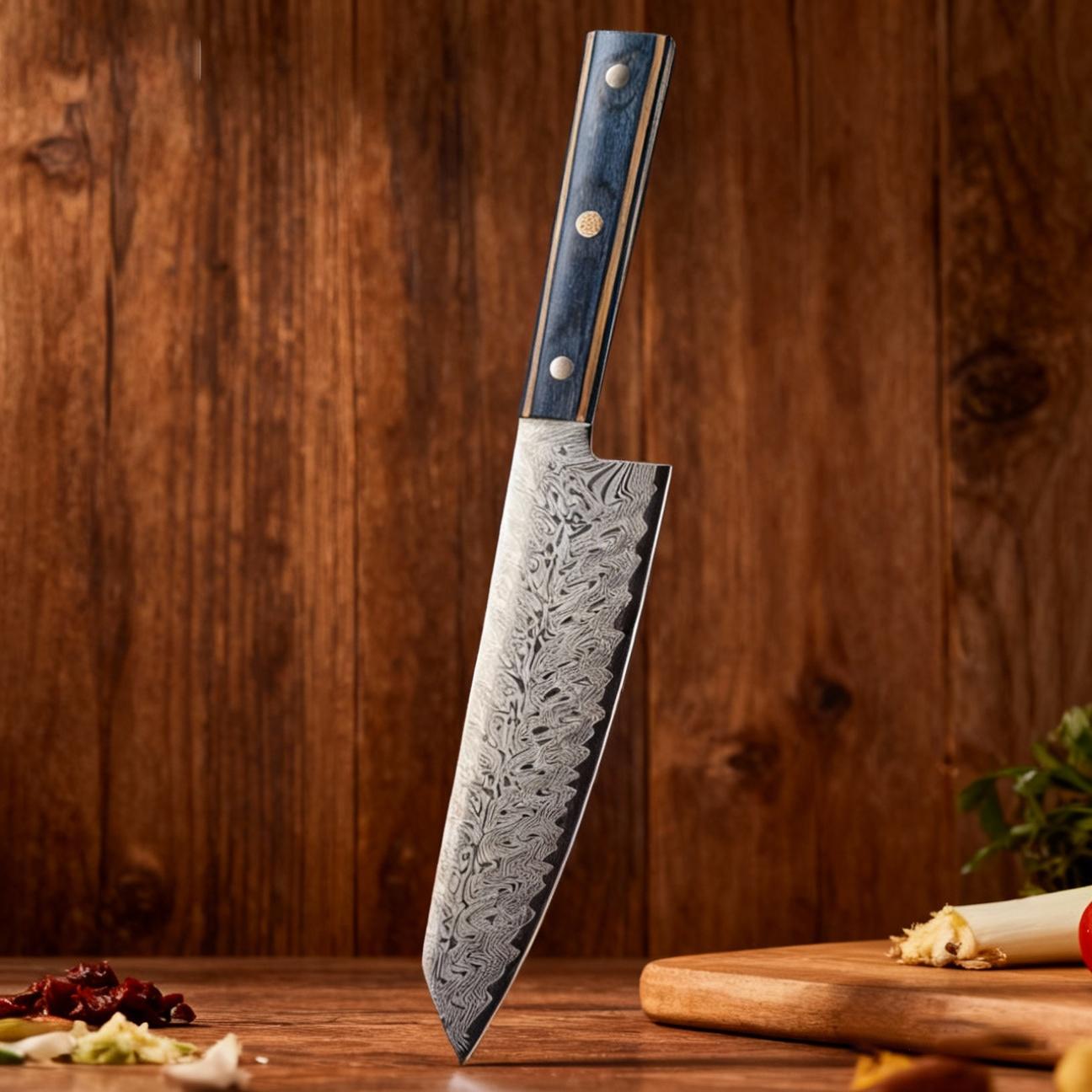 Professional kitchen knife, Damascus pattern chef s knife, sharp Japanese Santoku knife, kitchen knife, solid wood handle knife