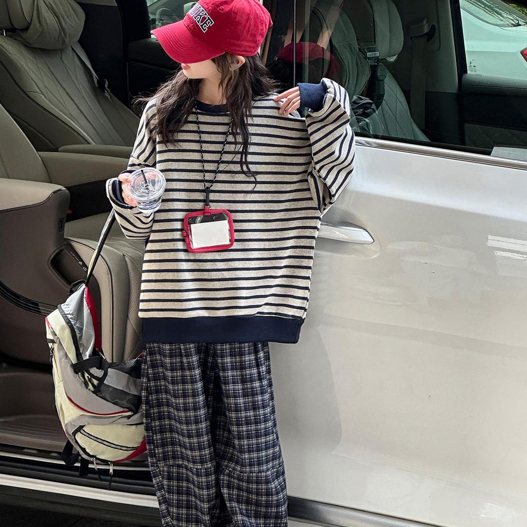 2025 Herbst Mädchen Gestreiftes Sweatshirt & Karierte Hose Set - Koreanische Studentenmode, Lässiges Zweiteiler