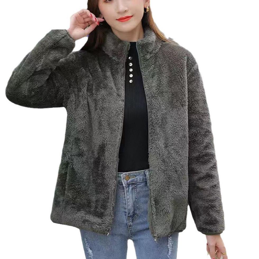 Women's Double-Sided Coral Fleece Hoodie Jacket - Thickened and Warm for Autumn and Winter