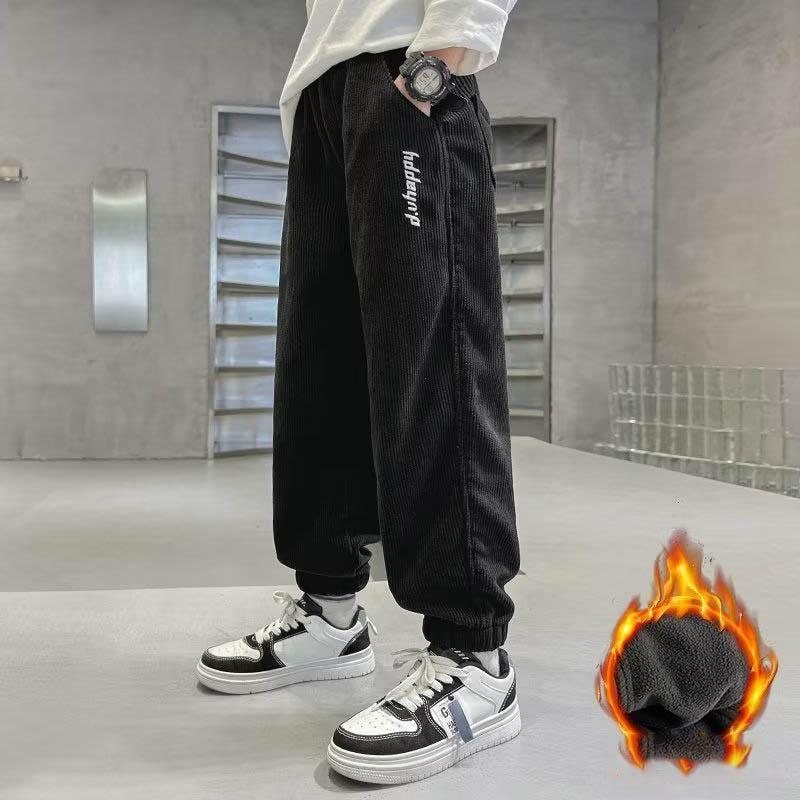 Children's Plus Velvet Pants Boys Padded Trousers Winter New Kids Elastic Waist Sweatpants Teenager Casual Fleece Clothing