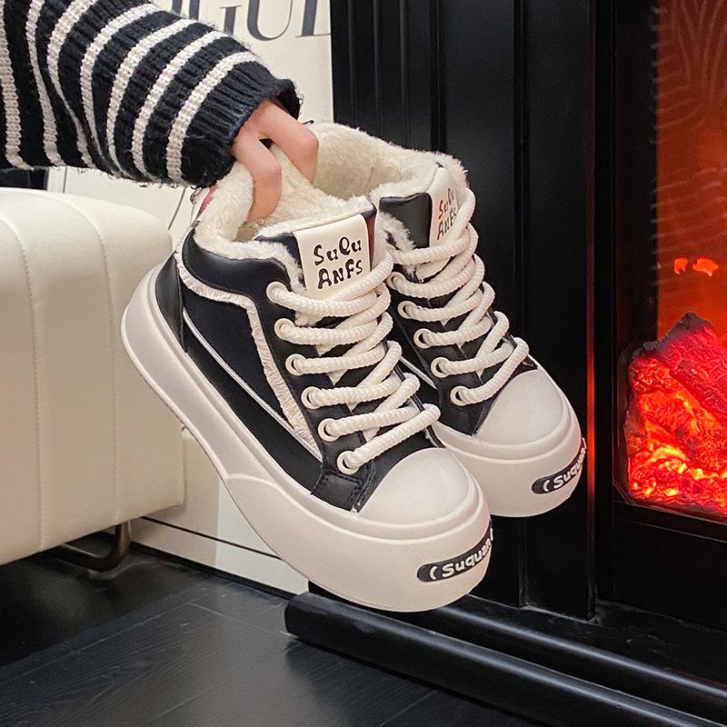 

Korean version of thick-soled high-top women s shoes 2025 winter velvet warm and versatile ins student leisure sports cotton shoes K1706 40 чёрный