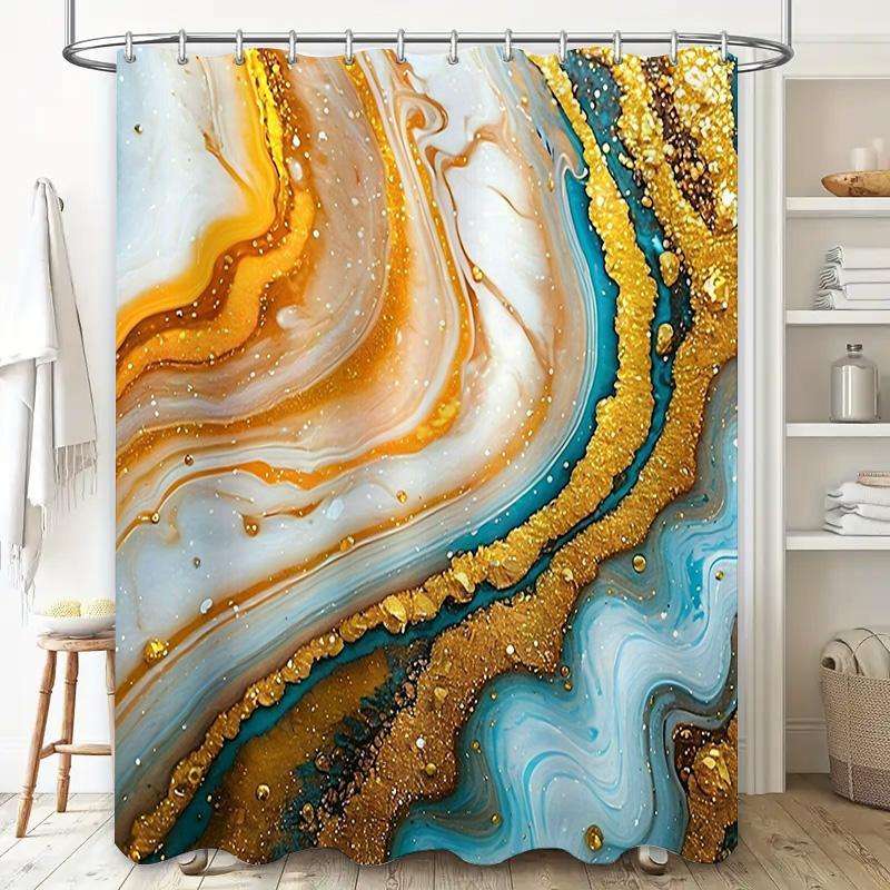 Vibrant Modern Bath Shower Curtain Geode Marble Print In Blue And Gold For Bathroom Decor