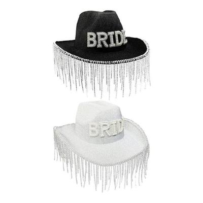 Sparkling Bride Hat with Artificial Pearls Detailing and Rhinestones Tasselled Trim for Bridal Shower Special Occasion