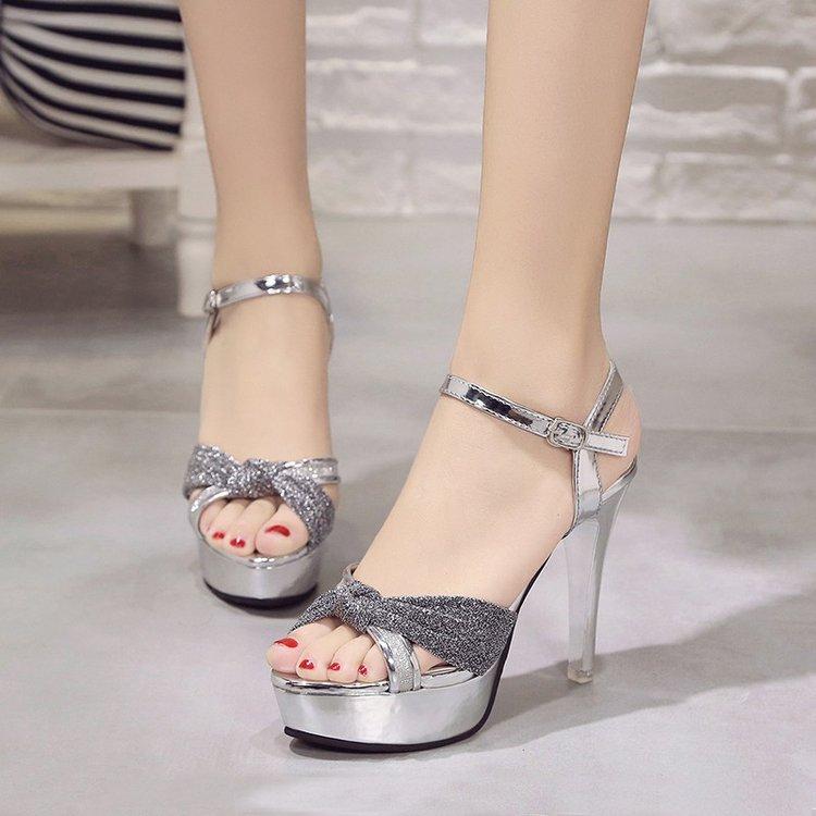 Summer new British style thick heel fish mouth one-word buckle sandals rhinestone high heels
