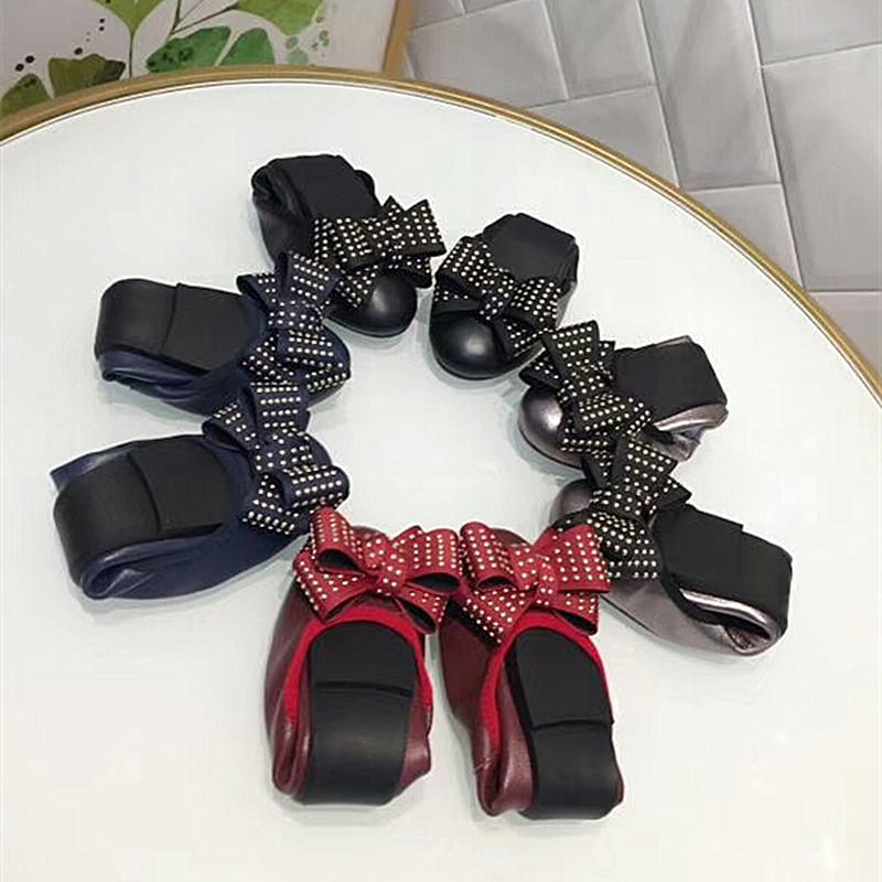 Fashion Fashionable Foldable Bow Soft Sheepskin Walking Casual Flat Egg Roll Women's Shoes Full Leather Ballet Dance Shoes Lefu Shoes