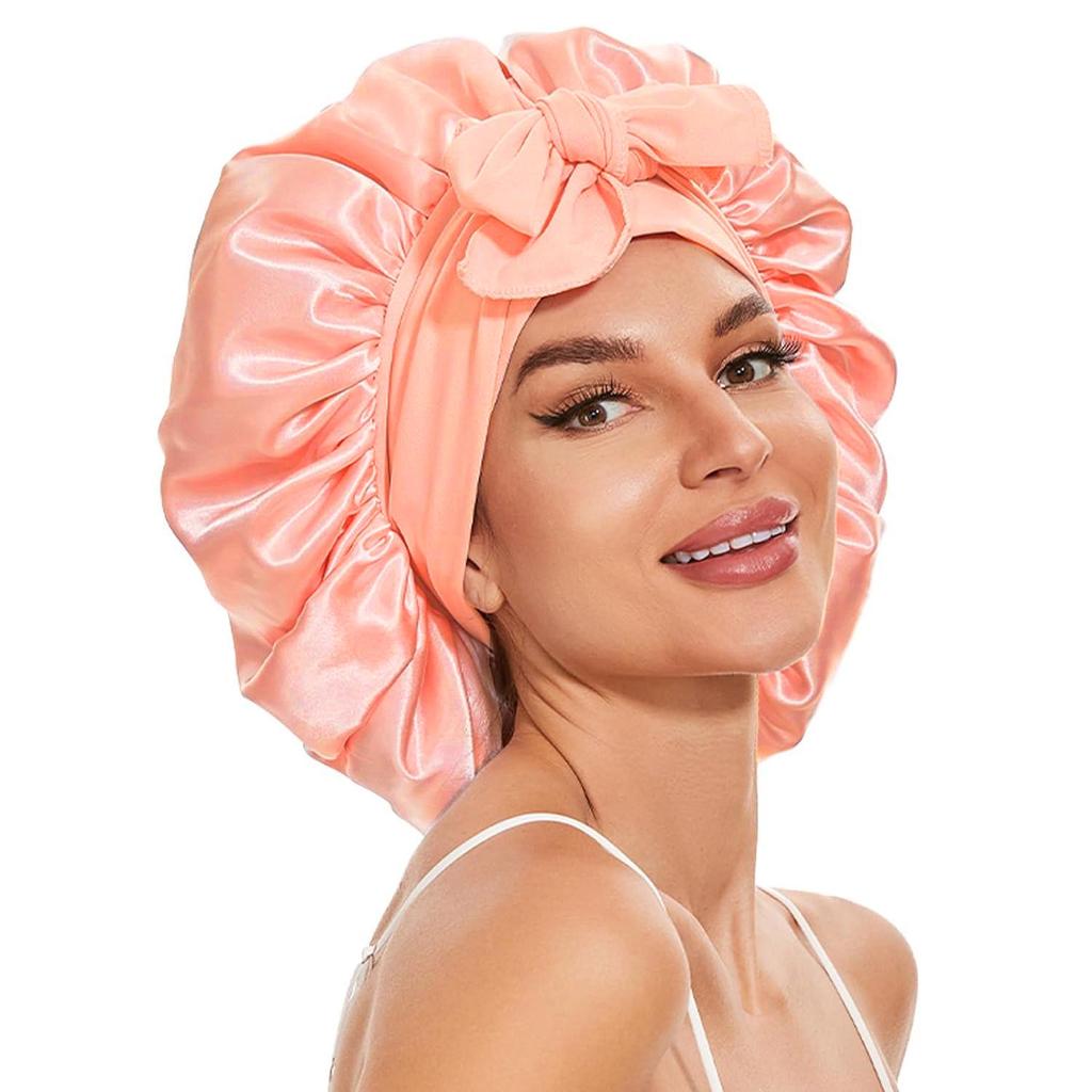 Satin Ribbon Round Silk Sleep Cap with Bowknot: Wide Brim Hair Care and Bath Hat