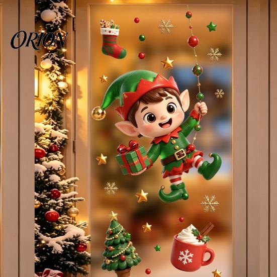 No Glue Window Decorations 2PCS Christmas Static Sticker, Cute Cartoon Elves And Bears Removable Festive Stickers Print, PVC Glass for Holiday