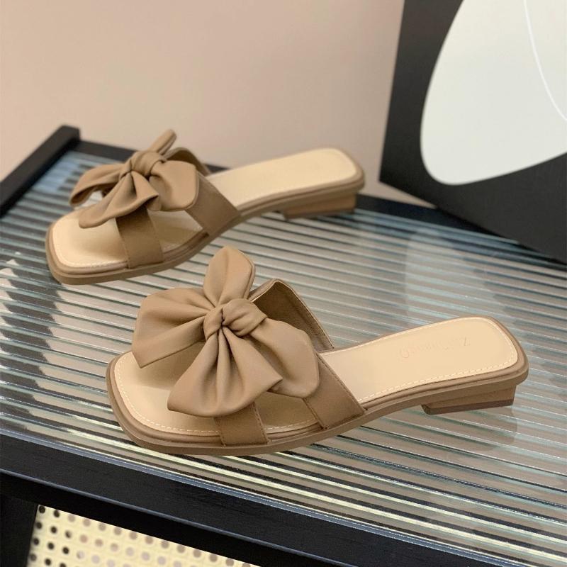 Fashion 2025 New Bow Slippers Female Summer Wear New Fashionable Sweet Girl Flat Bottom Non-slip Fairy Wind Word Cool Slippers Female