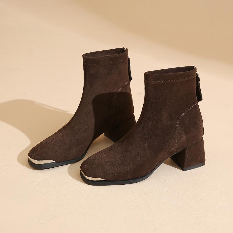 

Модные французские ретро ботильоны с квадратным носком и блочным каблуком для женщин 2025 Новые осенние универсальные модные ботинки на высоком каблуке 35 коричневый