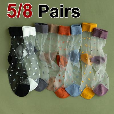 5/8 Pairs Women Summer Crystal Silk Thin Socks Lightweight Breathable Fashionable Style Soft Comfortable Casual Socks