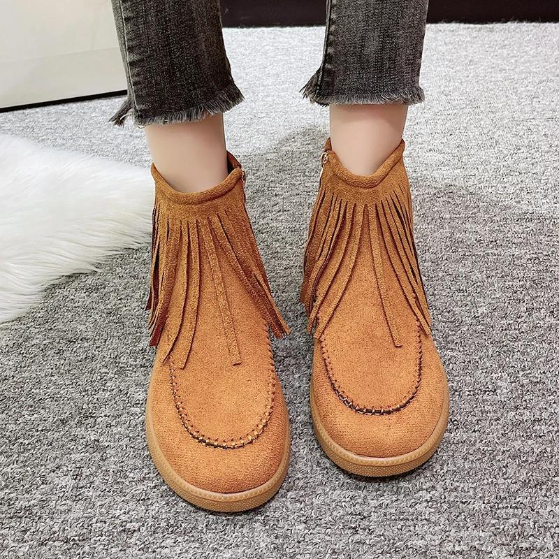 Ankelstøvlett med moderne støvler Vinter Rund tå Lav hæl Damesko på salg 2024 Nye Ensfargede Etniske Damestøvler Botas Femininas