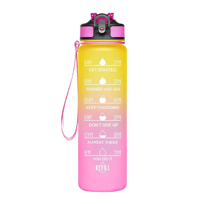 1 Liter Motivations-Wasserflasche mit Strohhalm-Mundstück Mit Zeitmarkierung Auslaufsichere Sport-Wasserflasche Für Fitnessstudio Camping Tour