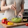 Meat Chopper with Wooden Handle & Non-Stick Coating Heavy Duty Food Masher for Potato Vegetable Beef Nut, Home Restaurant Use