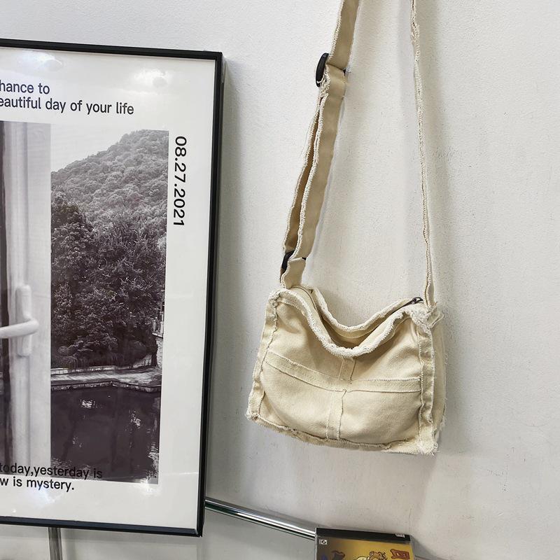 2024 Japanese Ins Canvas Retro Women's Shoulder Bag with Frayed Edges
