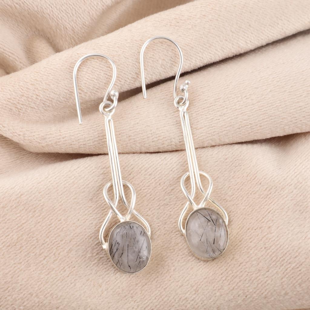 Black Rutile Gemstone 925 Sterling Silver Jewelry Handmade Women Earrings 1.76" EE-171-32