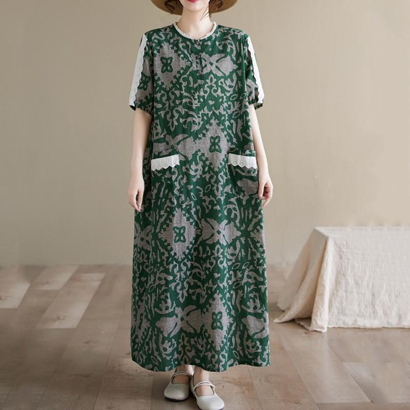 Short sleeve Plus size Cotton linen vintage floral new in dresses for women casual loose long summer dress