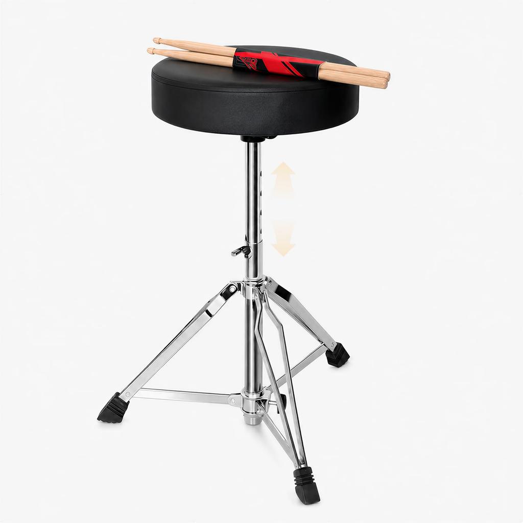 NODIBRO Drum Throne, 5-Stage Height Adjustment (42-58cm), Foldable, Drum Stool, with Drumsticks, Black