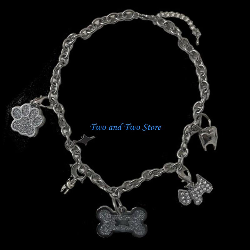 HX6F Fashion Collar Necklace Y2K Dog Bone Tassels Pendant Necklace Gothic Choker CN