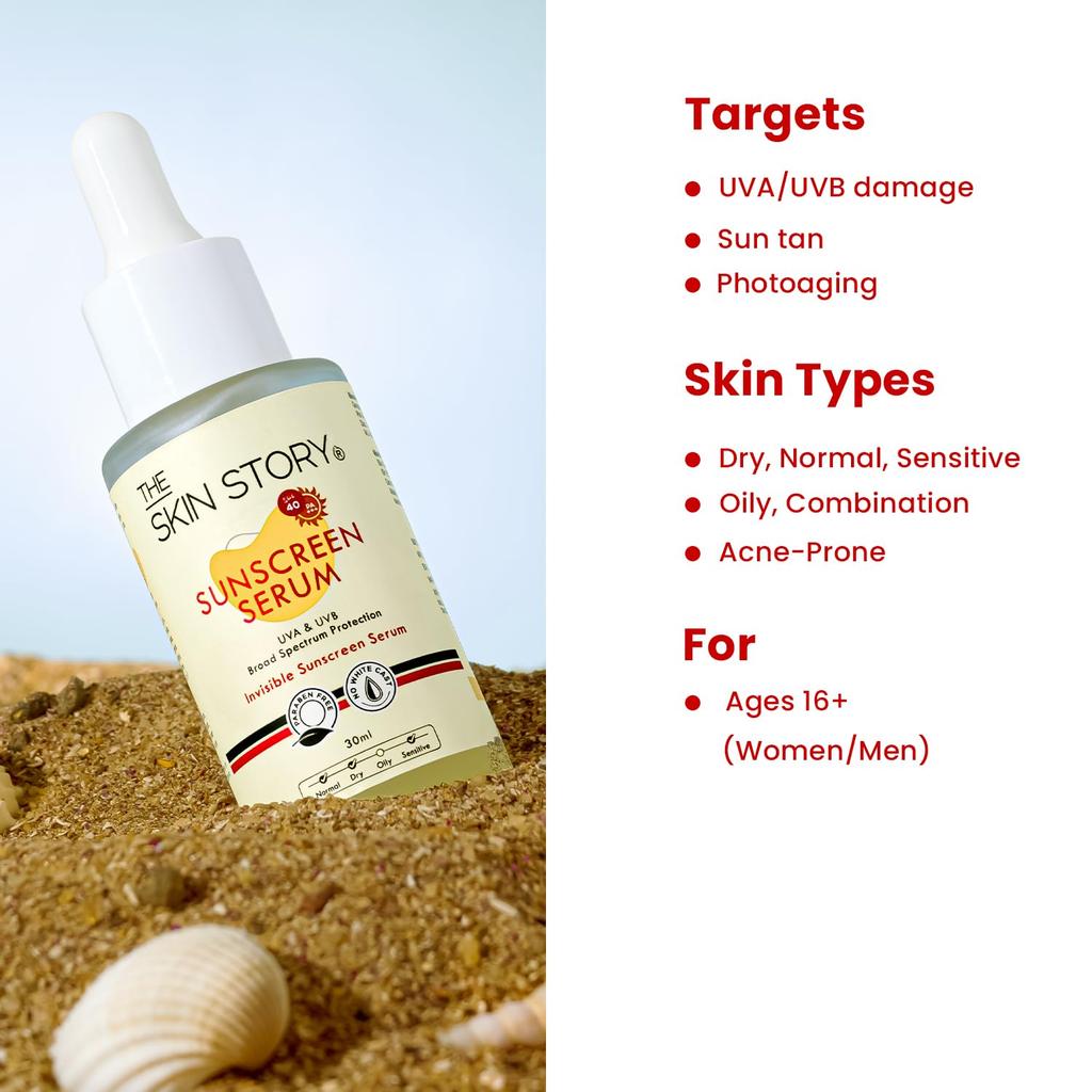 The Skin Story SPF 40 Invisible Sunscreen Serum | Radiant Protection | Lightweight & Non-Sticky | Vitamin E | For Women & Men | 30ml