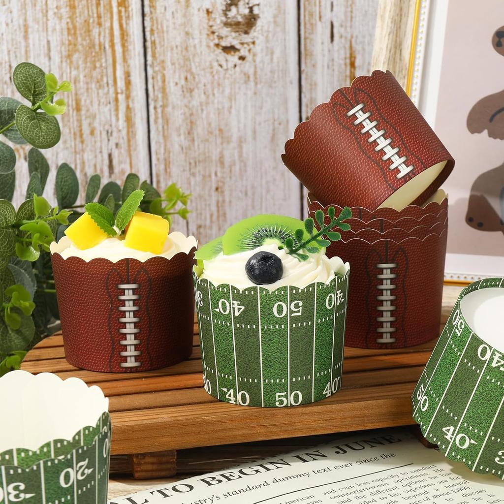 100Pcs Football Paper Baking Cups Brown Green Football Field Cupcake Wrappers Scalloped Edge Cupcake Muffin Cases for Sport Superbowl Party Supplies