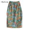 Plus Size Korean Style Spring Summer Women Denim Skirt Elastic Waist Plant Animal Print Skirt Vintage Split Ladies' Skirt