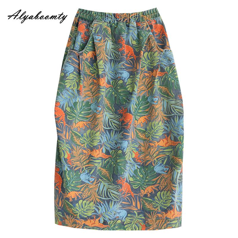 Plus Size Korean Style Spring Summer Women Denim Skirt Elastic Waist Plant Animal Print Skirt Vintage Split Ladies' Skirt