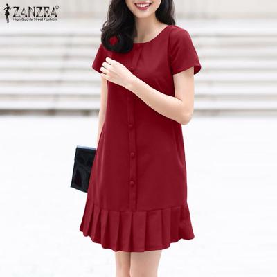 Vestido feminino casual com decote em O e cor sólida manga curta