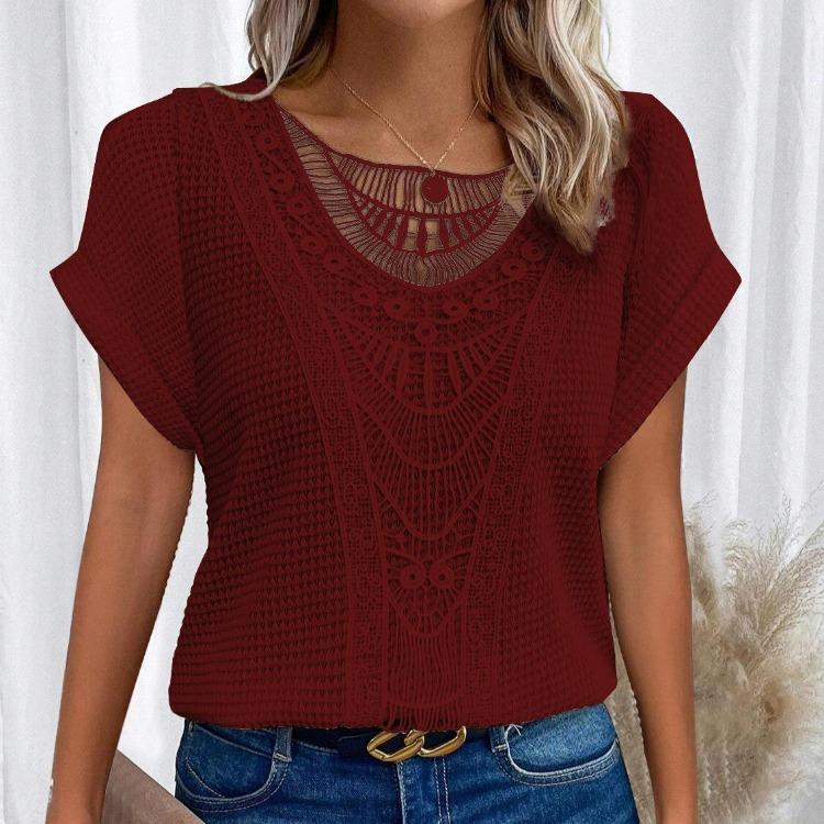 

Women Casual Summer Short Sleeve Crew Neck Lace Splicing Top Tshirt S красный
