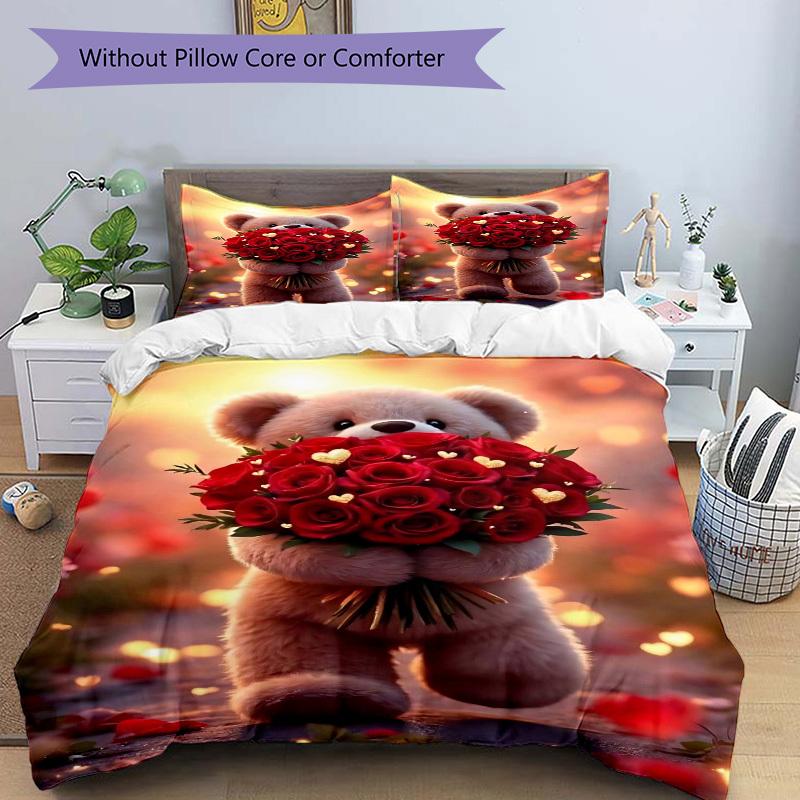 3pcs Anime Teddy Bear Roses Bedding Set - Includes One Quilt Cover and Two Pillowcases (No Core) - Home Decor, Festival Gift, Polyester Fabr