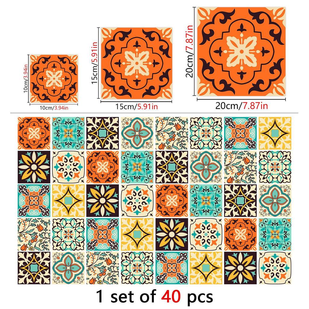 40Pcs Moroccan Retro Tile Stickers - 0.45mm Thickened Crystal Film PVC Decals - Waterproof Self-Adhesive Floor & Wall Mural for Kitchen Bathroom DIY