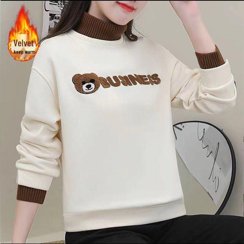

Plus Size Women s Fleece-Lined Bear Sweatshirt, Faux Two-Piece, Loose Fit, Slimming Round Neck, Autumn/Winter Jacket 4XL