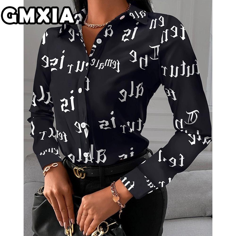 GMXIA Damenmode Lässig Freizeit Einfarbig Druck Langarm POLO Kragen Blusen & Hemden