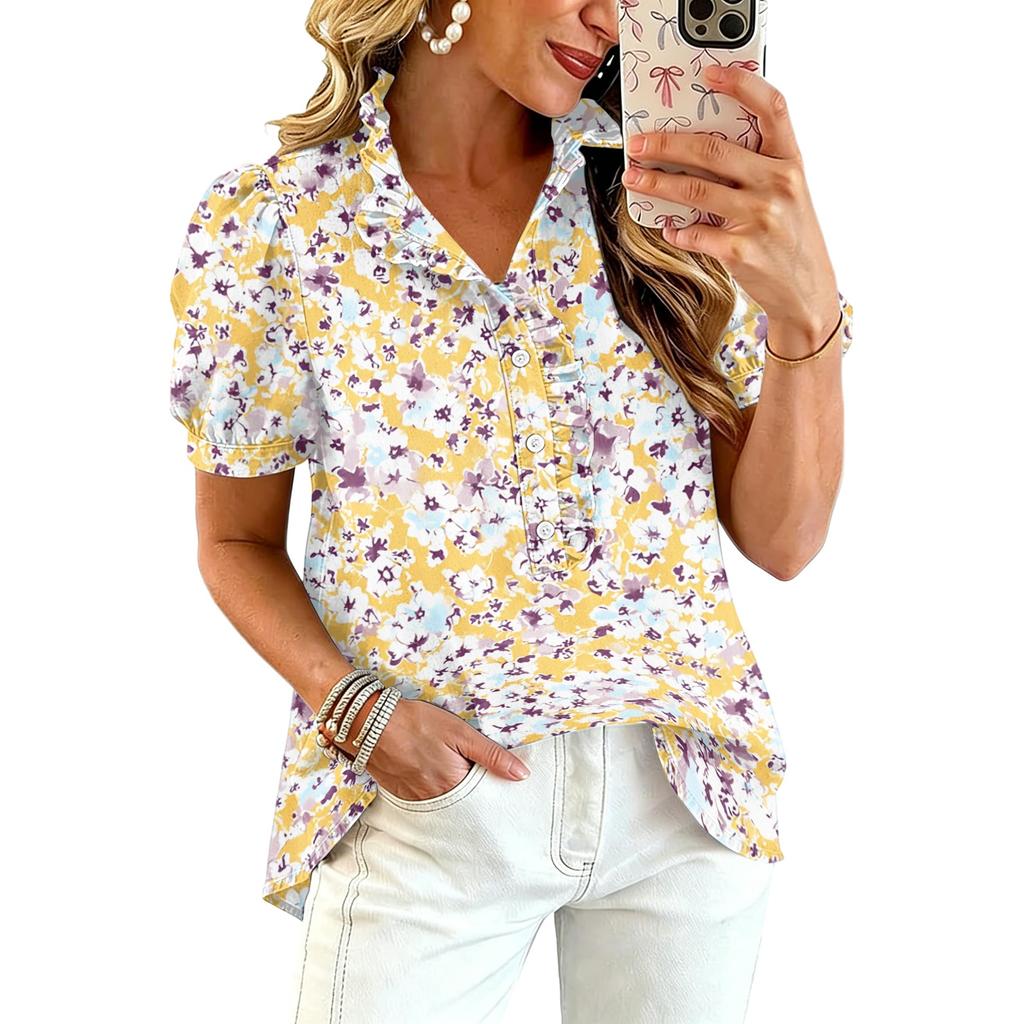 Blusa Stampata da Donna con Volant Scollo a V Manica Corta Casual Vestibilità Larga Bottoni Top Leggero per l'Uso Quotidiano
