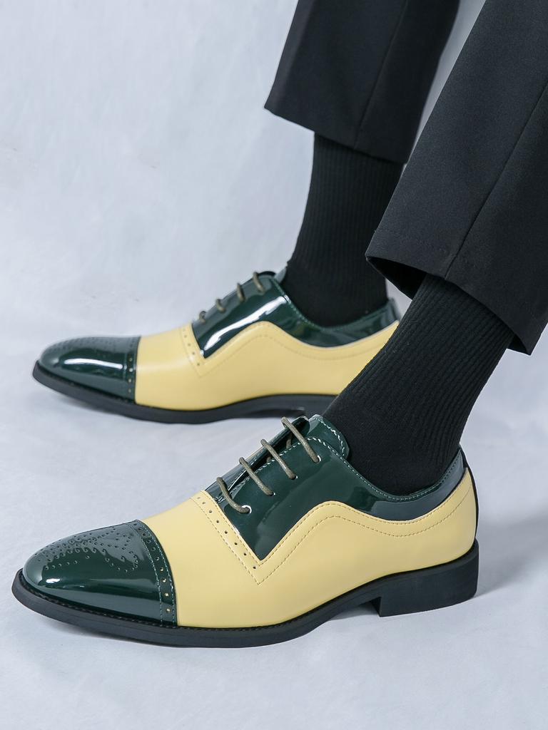 New British Men Pointed Yellow Green Mixed Lace Up Dress Business Casual Oxfords Shoes Male Wedding Dress Homecoming Footwear