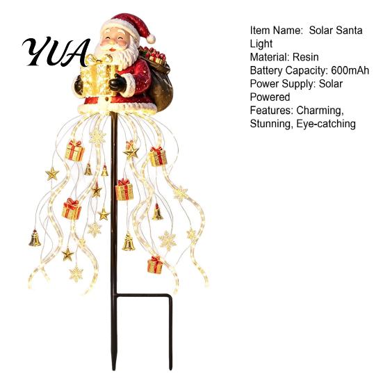 Decorative Solar Pathway Lighting Santa Claus Christmas Garden Light, LED Holding Gift Box Yard Stake Porch Holiday with Cascading String Lights