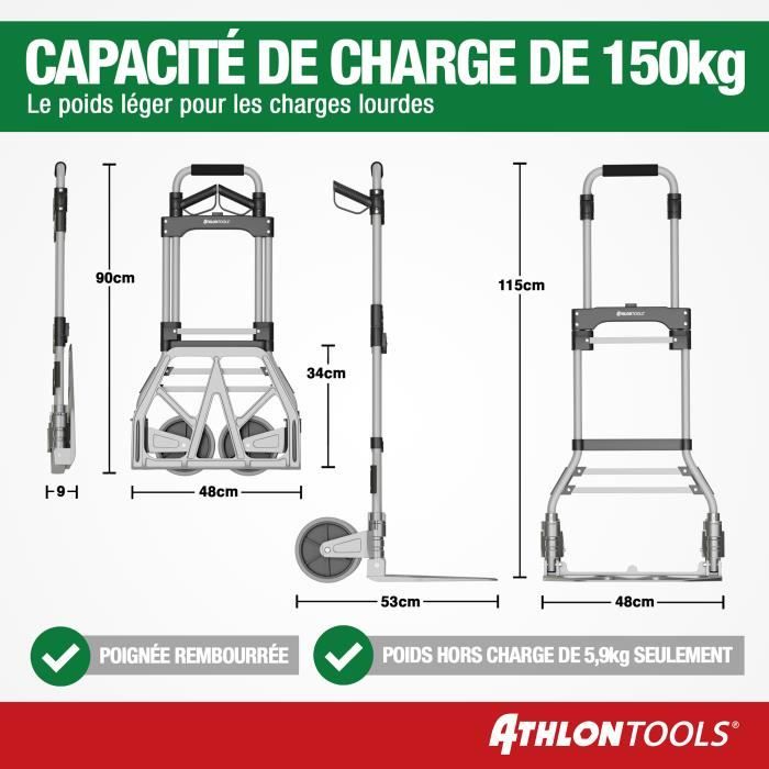 Diable pliant - athlon tools - aluminium - charge lourde 150 kg - roues grandes - poignée télescopique 115 cm