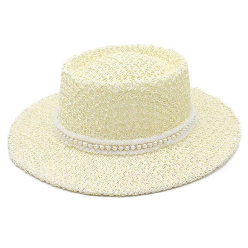 New Hand-woven Concave Convex Top Pearl Straw Women's Beach Sunshade Sunscreen Shows Small Temperament Straw Hat Tide