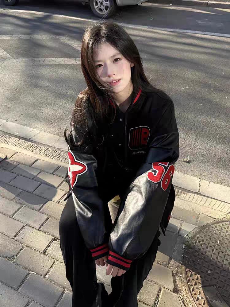 Women's 2025 Trendy Embroidered Baseball Jacket with Leather Sleeves