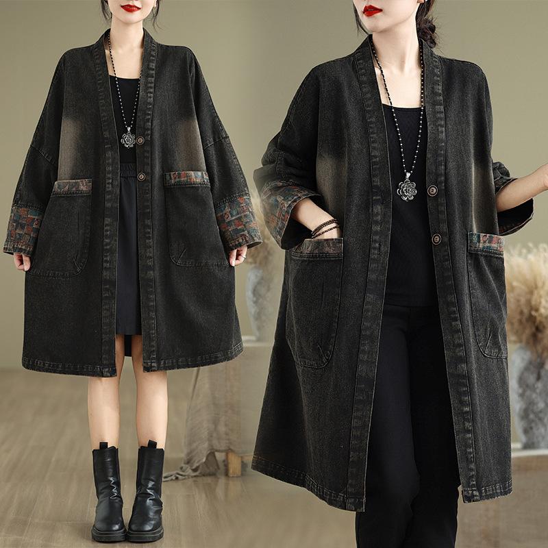 

Женская осенняя ретро джинсовая куртка с V-образным вырезом и карманами, свободный тренч средней длины S