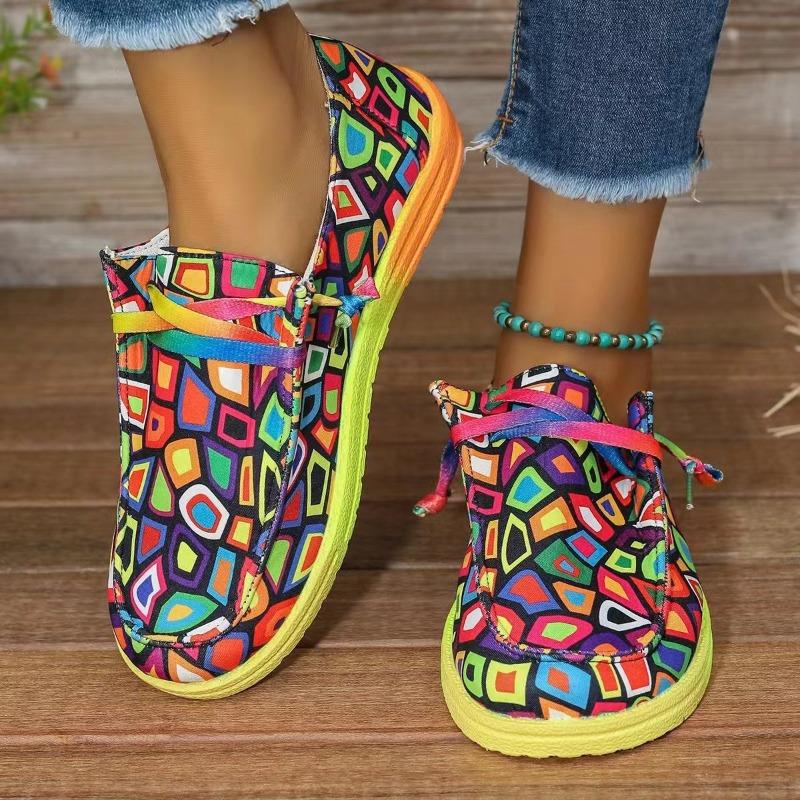 2025 New Plus Size Lace-up Colorful Low Top Shoes Women's Graffiti Lazy Canvas Flat Shoes