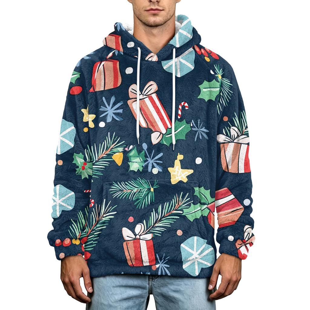 Men's Christmas Print Flannel Hoodie Plus Size Casual Hooded Sweatshirt for Fall and Winter