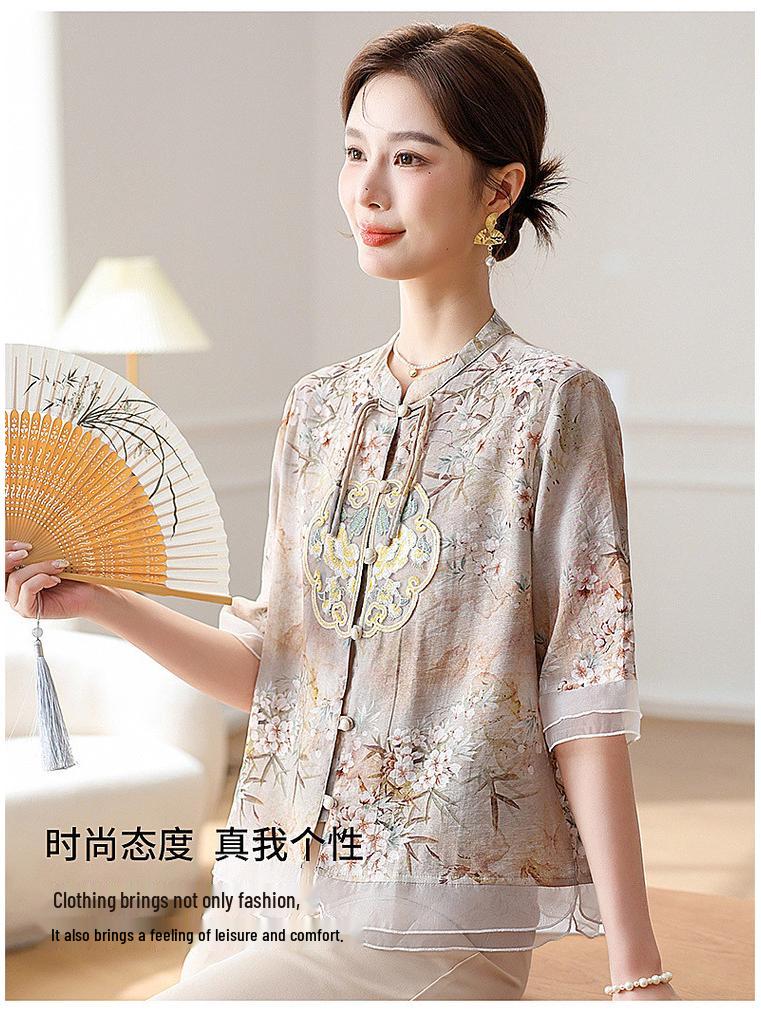 2024 New Chiffon Short Sleeve Blouse - Chinese Style Spring/Summer Top for Middle-Aged Women