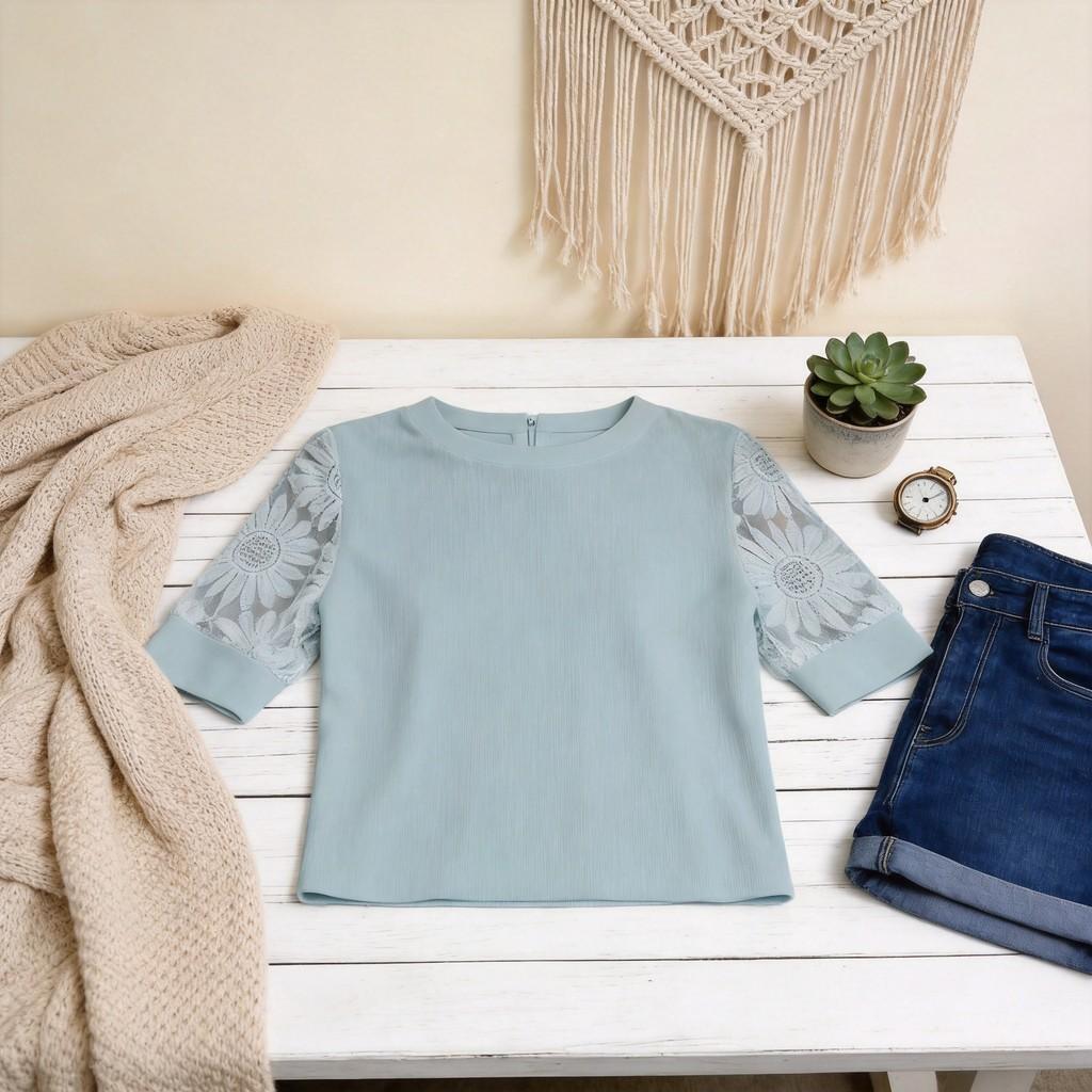 Casual Long Sleeve T Shirt With Embroidered Lace Panel For Spring Women