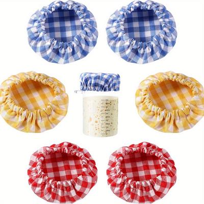 Jar Cloth Cover, Plaid Fabric Canning Lid, Unbleached Elastic Bowl Cover for 3-4in Mason Jar, Reusable Baking Supply
