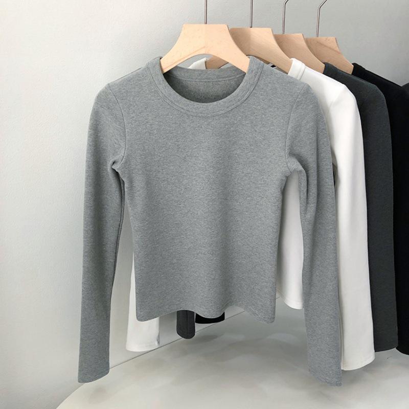

Women s Long-Sleeve Slim-Fit Cotton T-Shirt: Round Neck, Fleece-Lined, Thickened, Versatile Winter Base Layer S (80-95 lbs)
