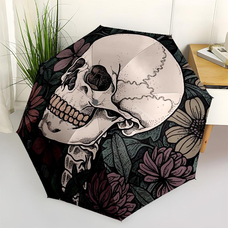 1pc Skull Flowers Fashionable Automatic Opening/Closing Folding Umbrella with 8 Bones, Windproof Portable, Daily Use326