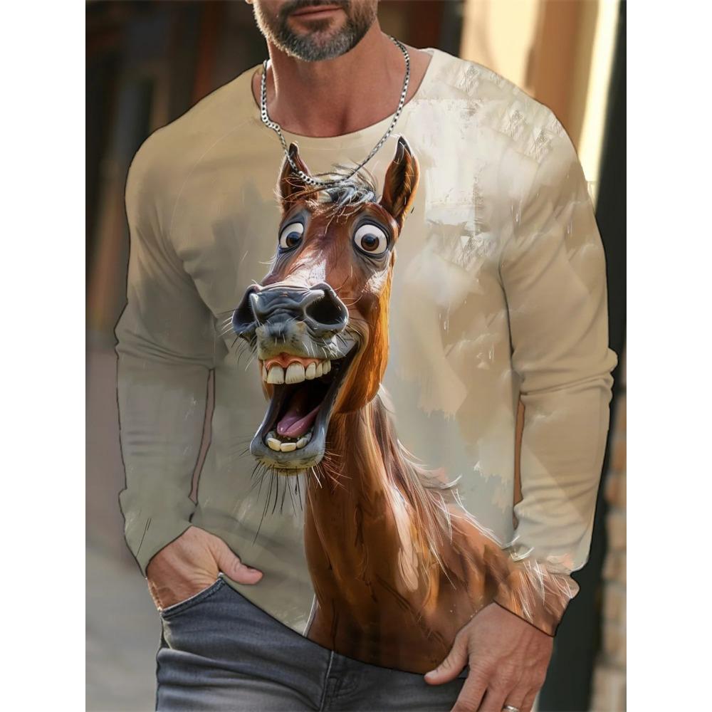 Funny Animal 3D Digital Printed Men's Casual and Comfortable Round Neck Long Sleeved T-shirt