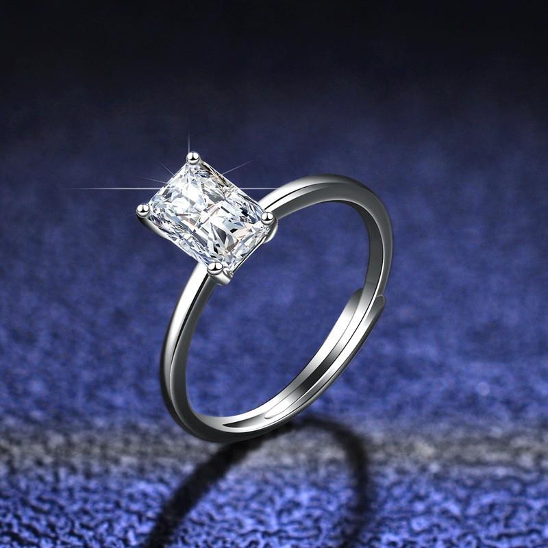 Bague Ouverte Réglable Femme Avec Moissanite Géométrique Coupe Émeraude 1ct Argent Sterling Fiançailles Promesse
